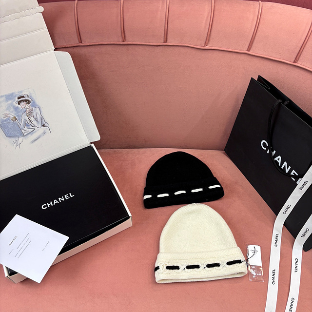 샤넬 스티치 디테일 캐시미어 비니 (컬러 아이보리, 블랙)