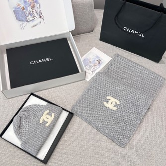 샤넬 CC 로고 와플 캐시미어 비니 & 머플러